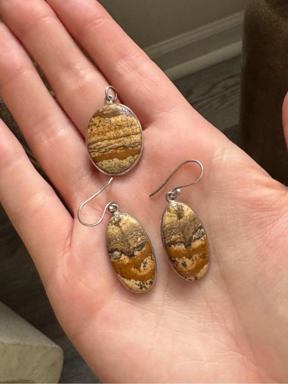 Picture Jasper Drop Earrings and Pendant Set .925 silver